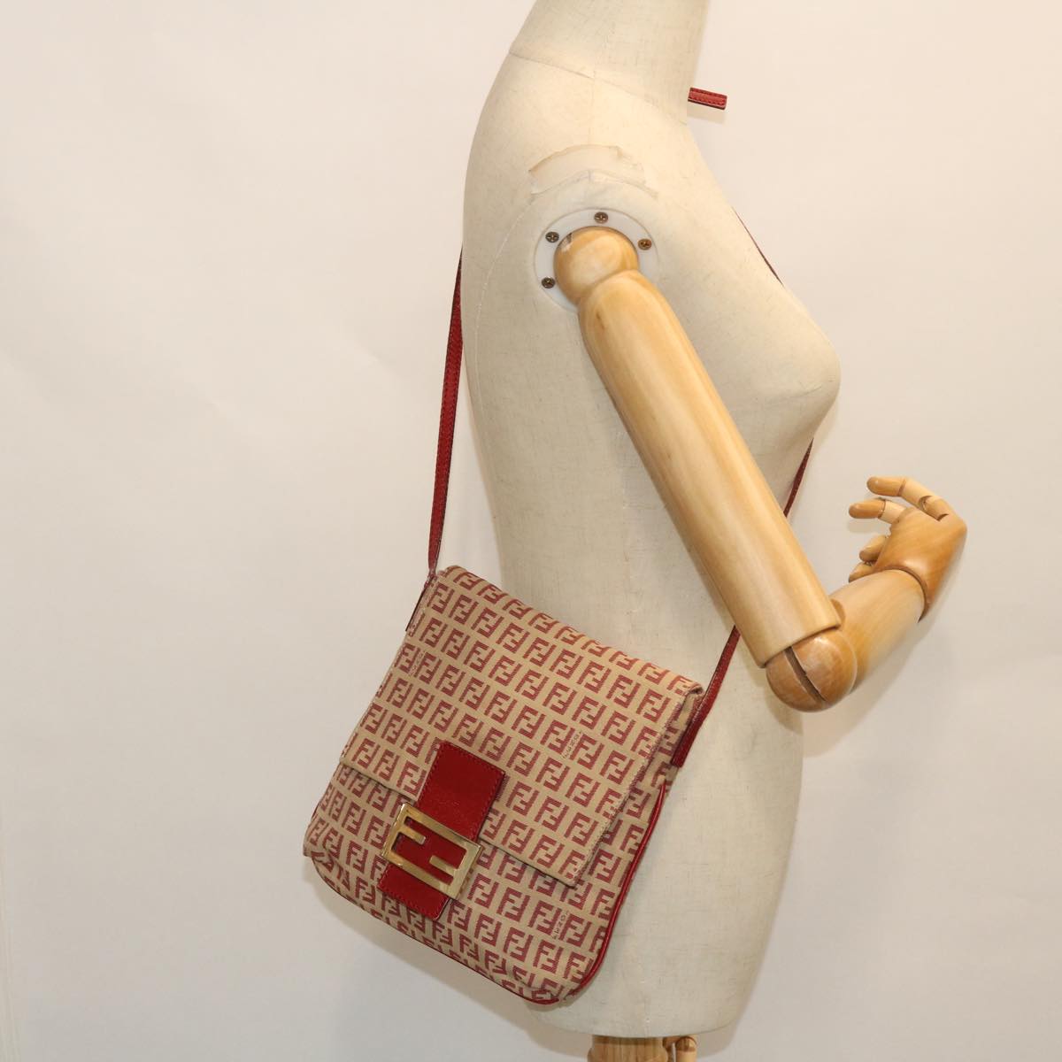 FENDI Zucchino Canvas Mamma Baguette Shoulder Bag Beige Red52738
