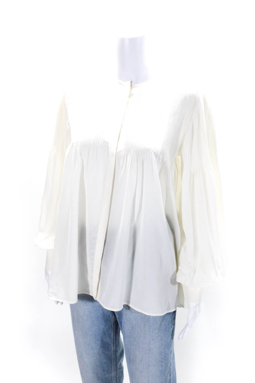 Chloe Womens Button Front Long Sleeve Crew Neck Silk Shirt White
