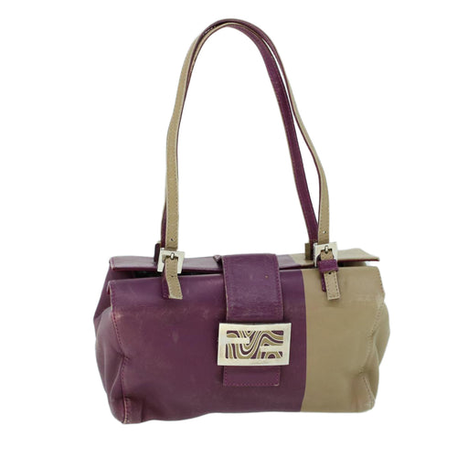 FENDI Mamma Baguette Hand Bag Leather Beige Purple53742