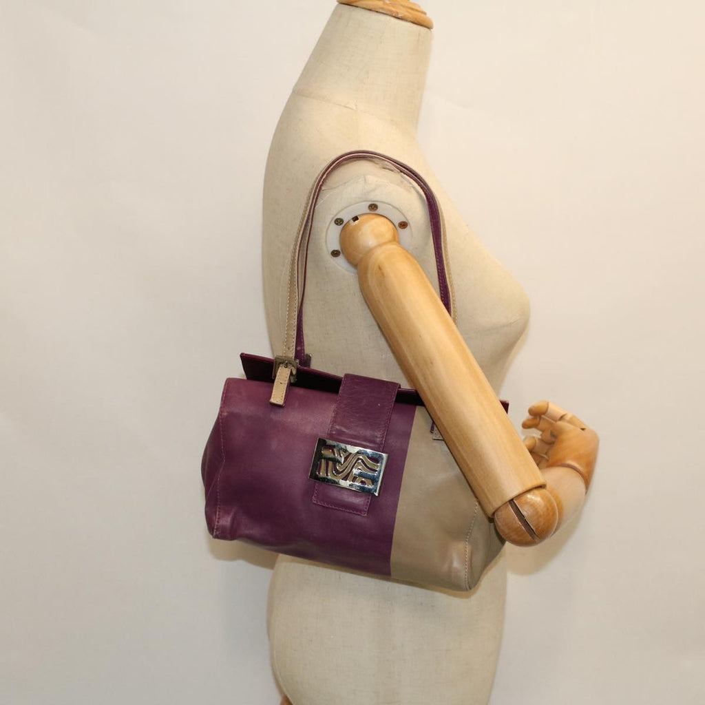FENDI Mamma Baguette Hand Bag Leather Beige Purple53742