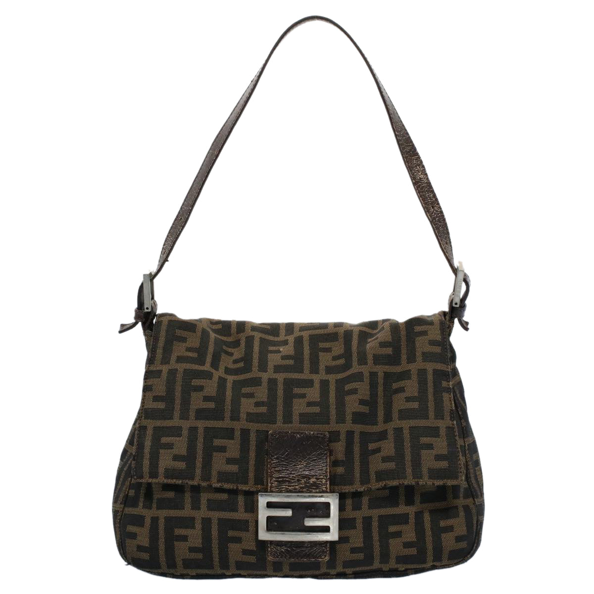 FENDI Zucca Canvas Mamma Baguette Shoulder Bag Black Brown53745