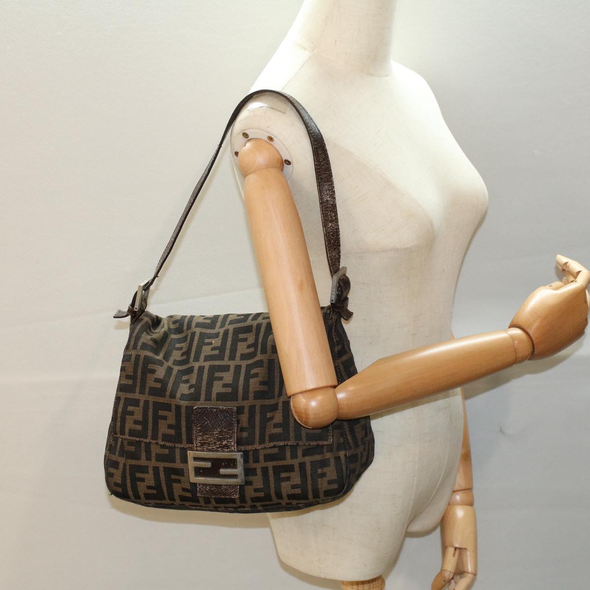 FENDI Zucca Canvas Mamma Baguette Shoulder Bag Black Brown53745