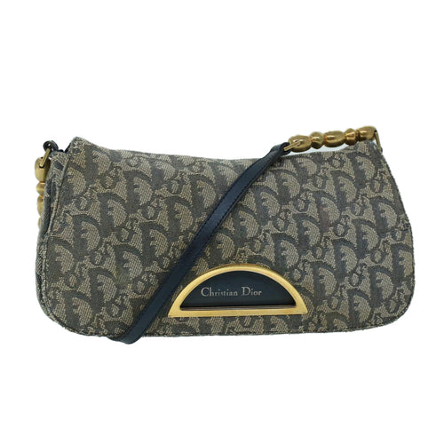 CHRISTIAN DIOR Trotter Canvas Maris Pearl Shoulder Bag Navy Auth 53747