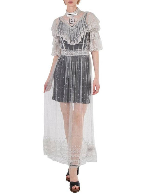 Burberry Burberry Ladies Light Pebble Grey Long Lace Dress, Brand Size 6 (US Size 4)