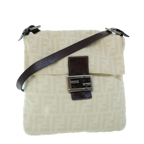 FENDI Mamma Baguette Shoulder Bag Canvas Leather Beige Brown54030