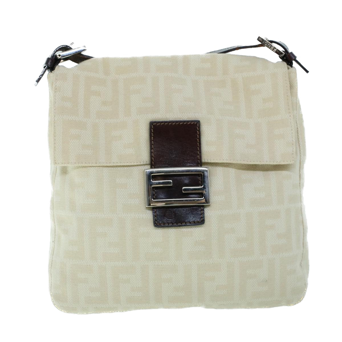 FENDI Mamma Baguette Shoulder Bag Canvas Leather Beige Brown54030