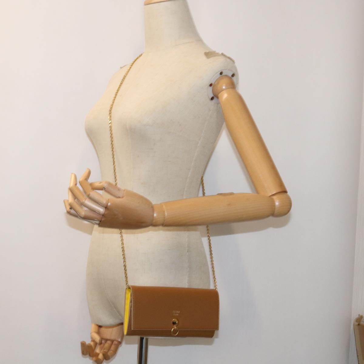 FENDI Chain Shoulder Long Wallet Leather Yellow Brown54537