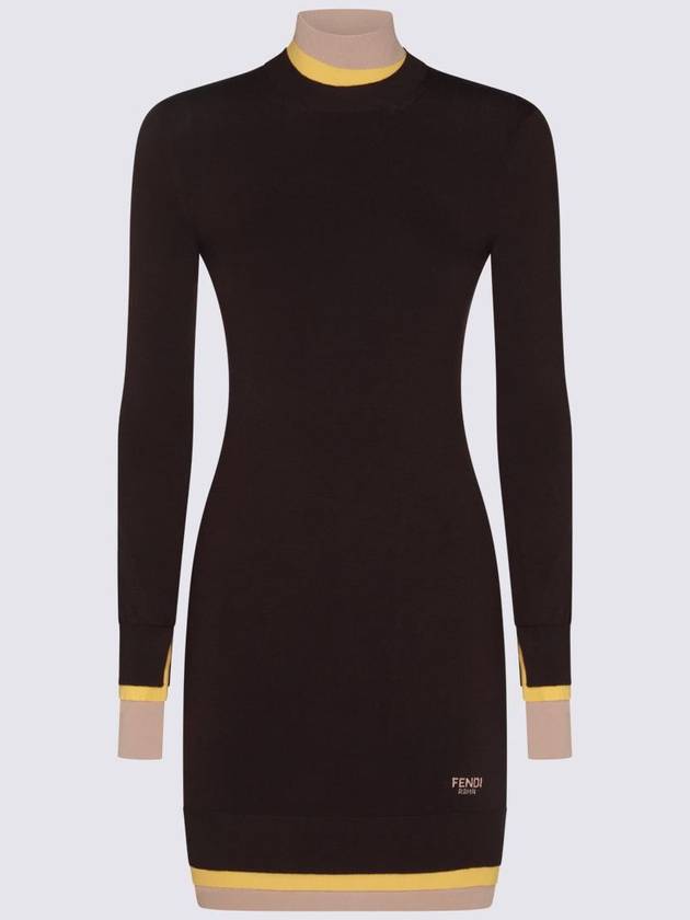 Fendi High Neck Wool Short Dress Dark Purple