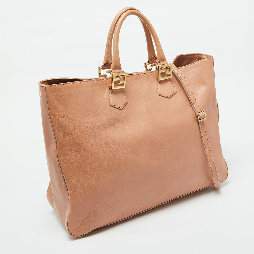 Fendi Peach Leather Twins Shopper Tote