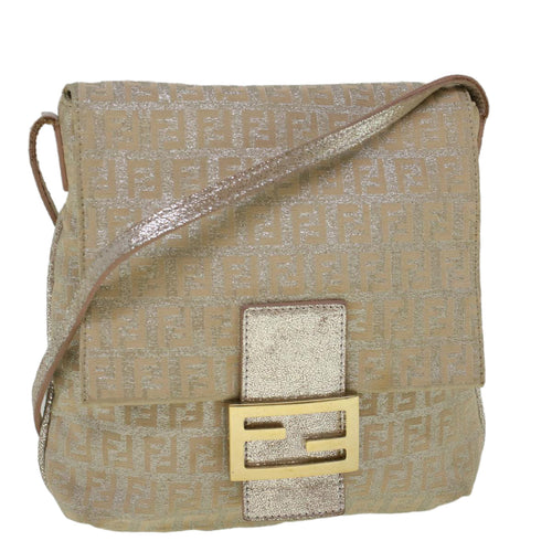 FENDI Zucchino Canvas Shoulder Bag Silver Pink55934