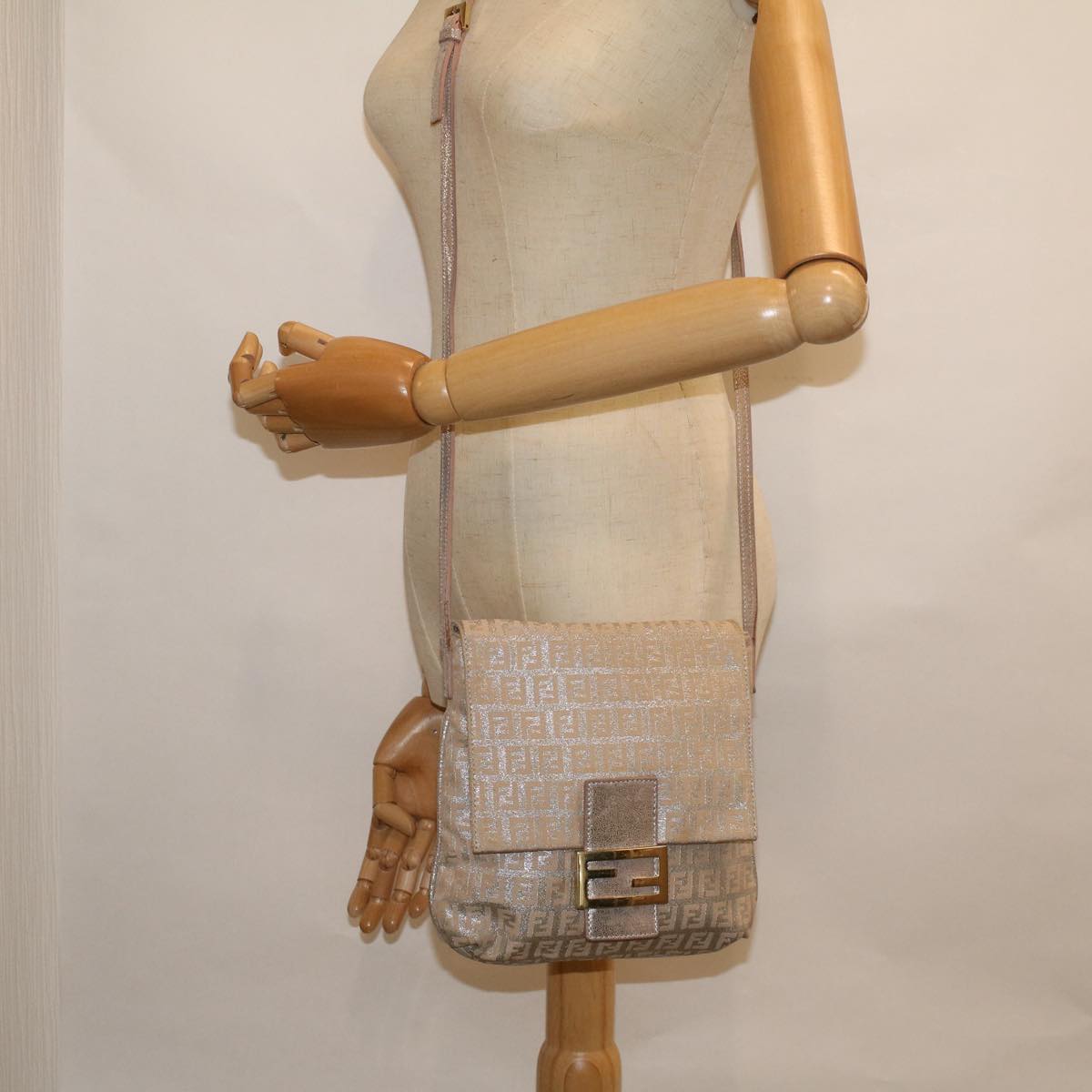 FENDI Zucchino Canvas Shoulder Bag Silver Pink55934