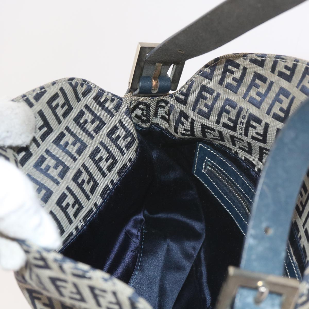 FENDI Zucchino Canvas Mamma Baguette Shoulder Bag Navy56197