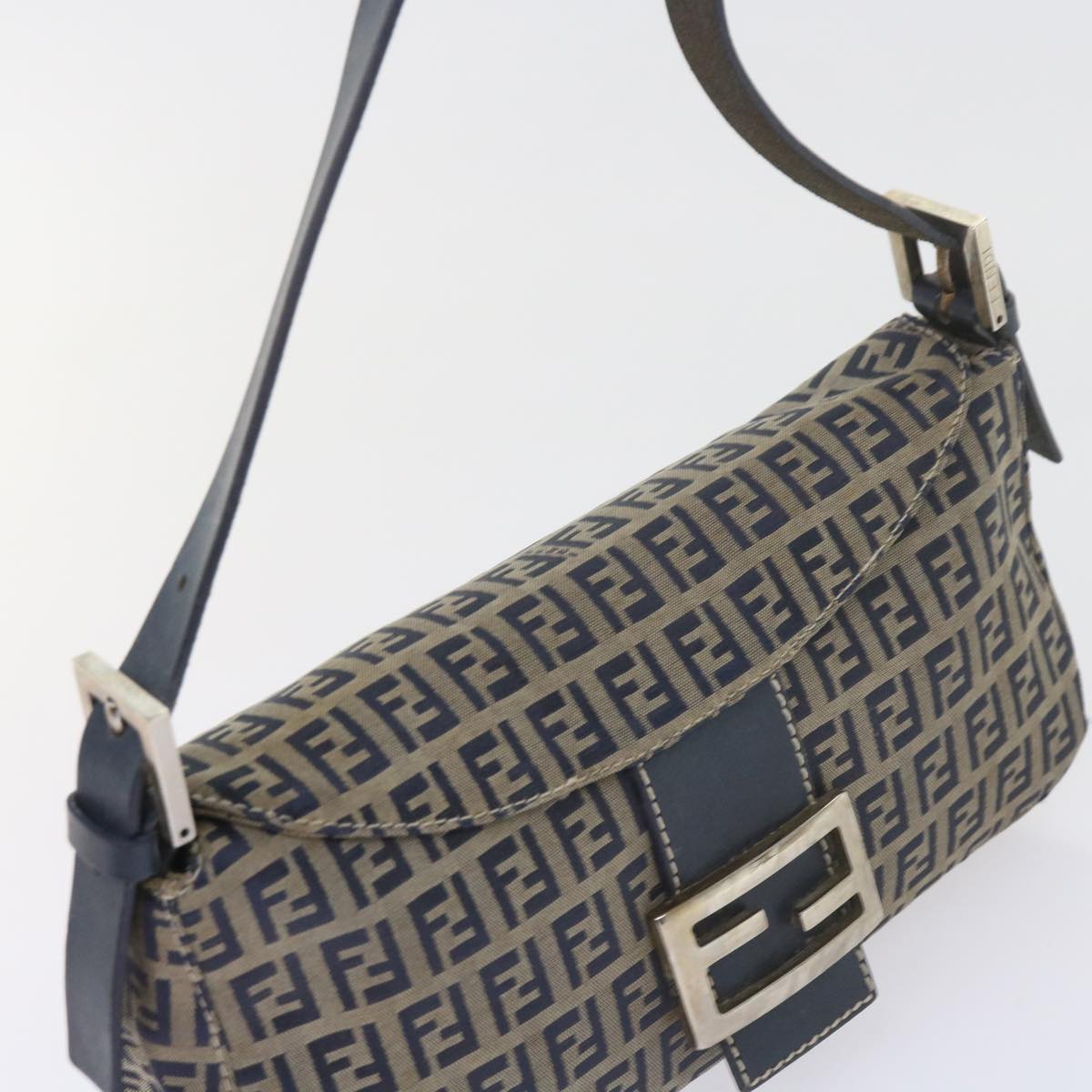FENDI Zucchino Canvas Mamma Baguette Shoulder Bag Navy56197