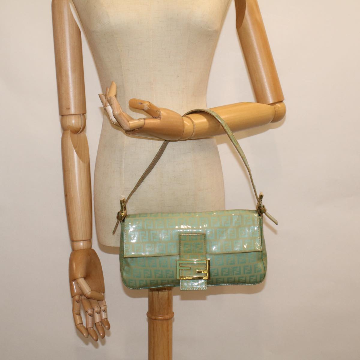 FENDI Zucchino Canvas Mamma Baguette Shoulder Bag Coated Canvas Blue56198