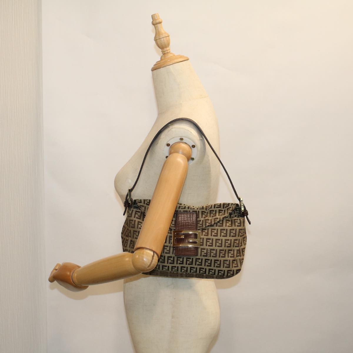 FENDI Zucchino Canvas Mamma Baguette Shoulder Bag Brown57292