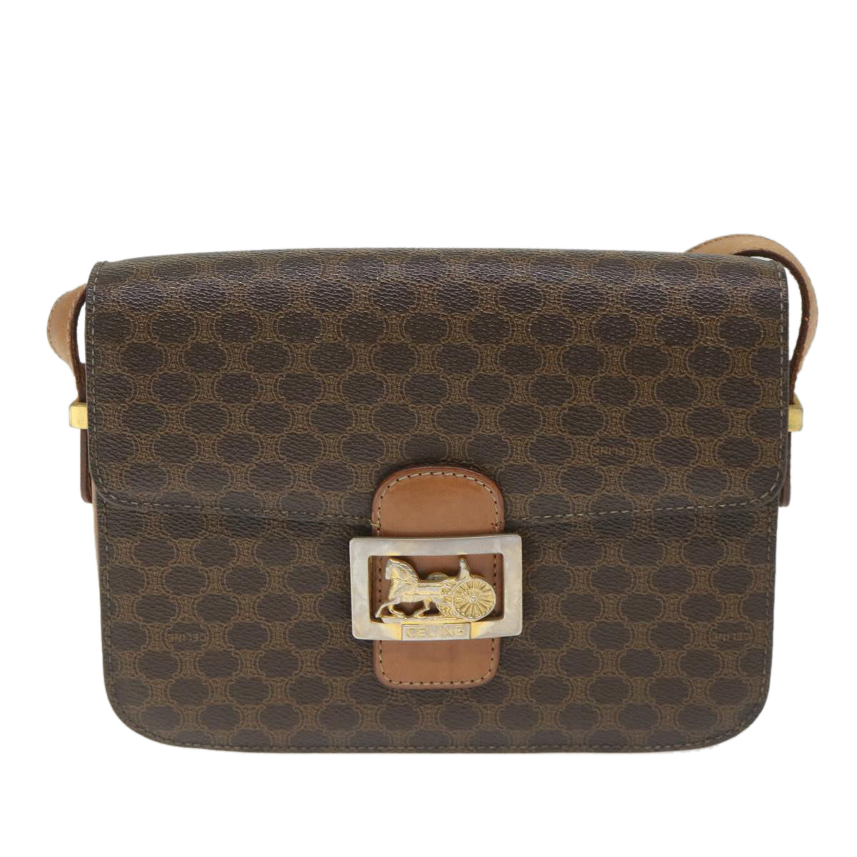 CELINE Macadam Canvas Horse Carriage Shoulder Bag PVC Leather Brown  57374
