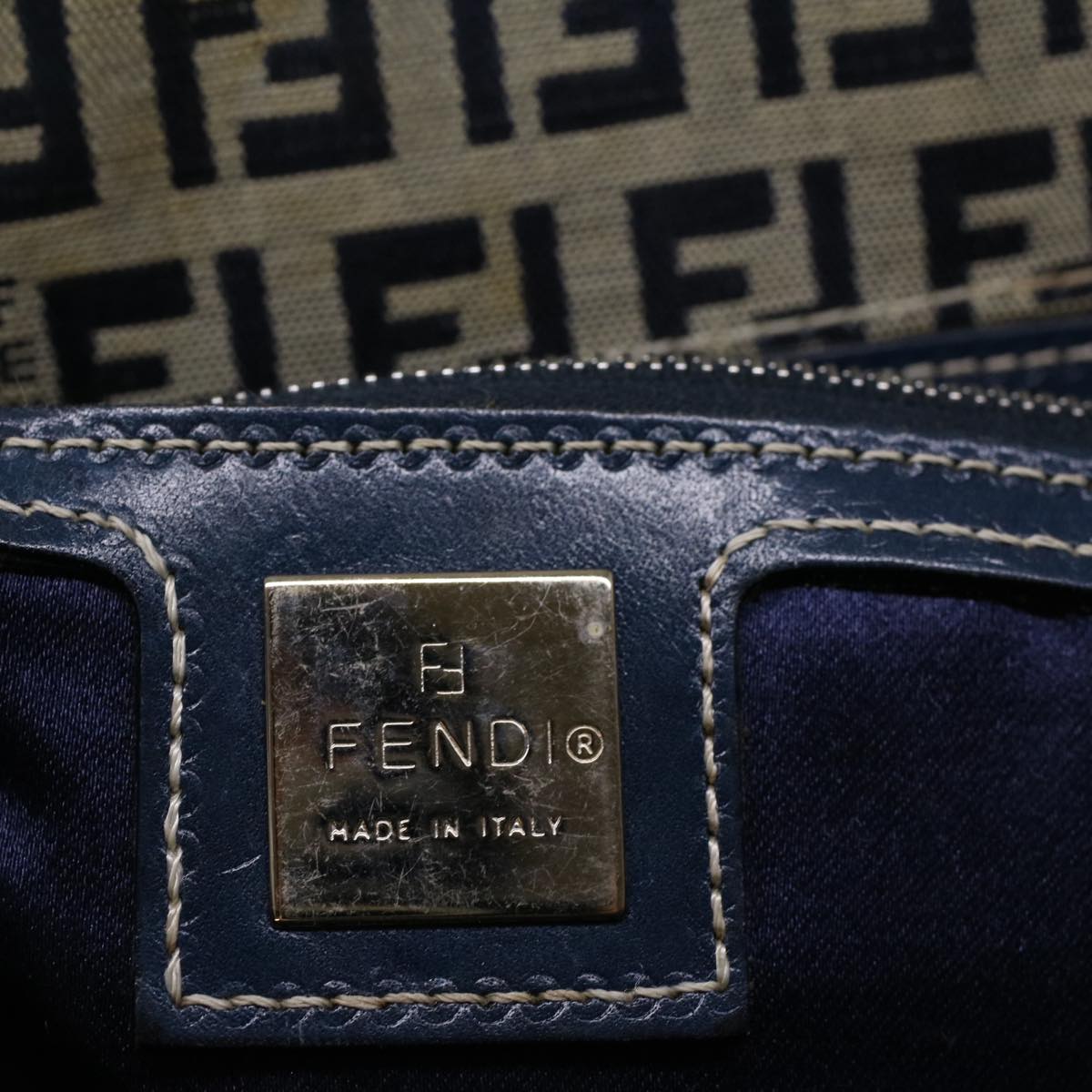 FENDI Zucchino Canvas Mamma Baguette Hand Bag Navy57794