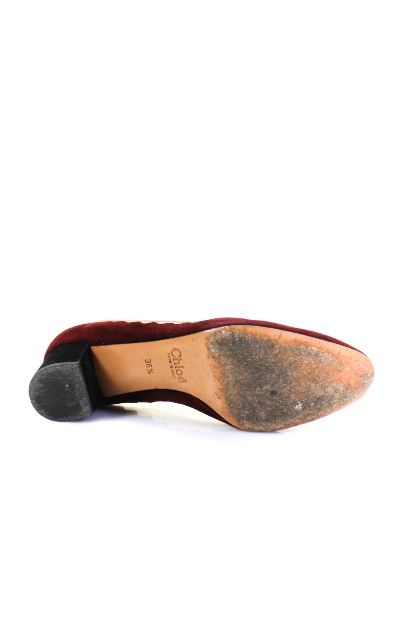 Chloe Womens Suede Scallop Trim Pumps Wine Red Beige
