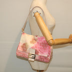FENDI Zucchino Canvas Mamma Baguette Shoulder Bag Pink58332