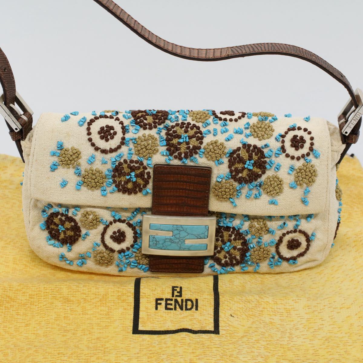 FENDI Mamma Baguette Shoulder Bag Canvas Brown White58340A