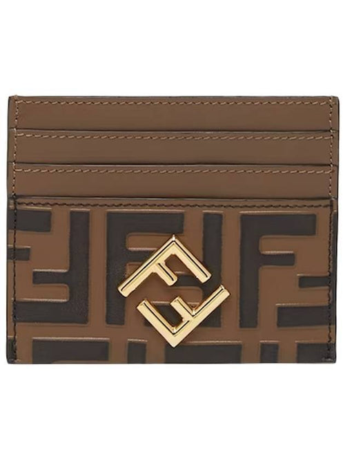 Fendi Logo Diamond Leather Card Wallet Brown