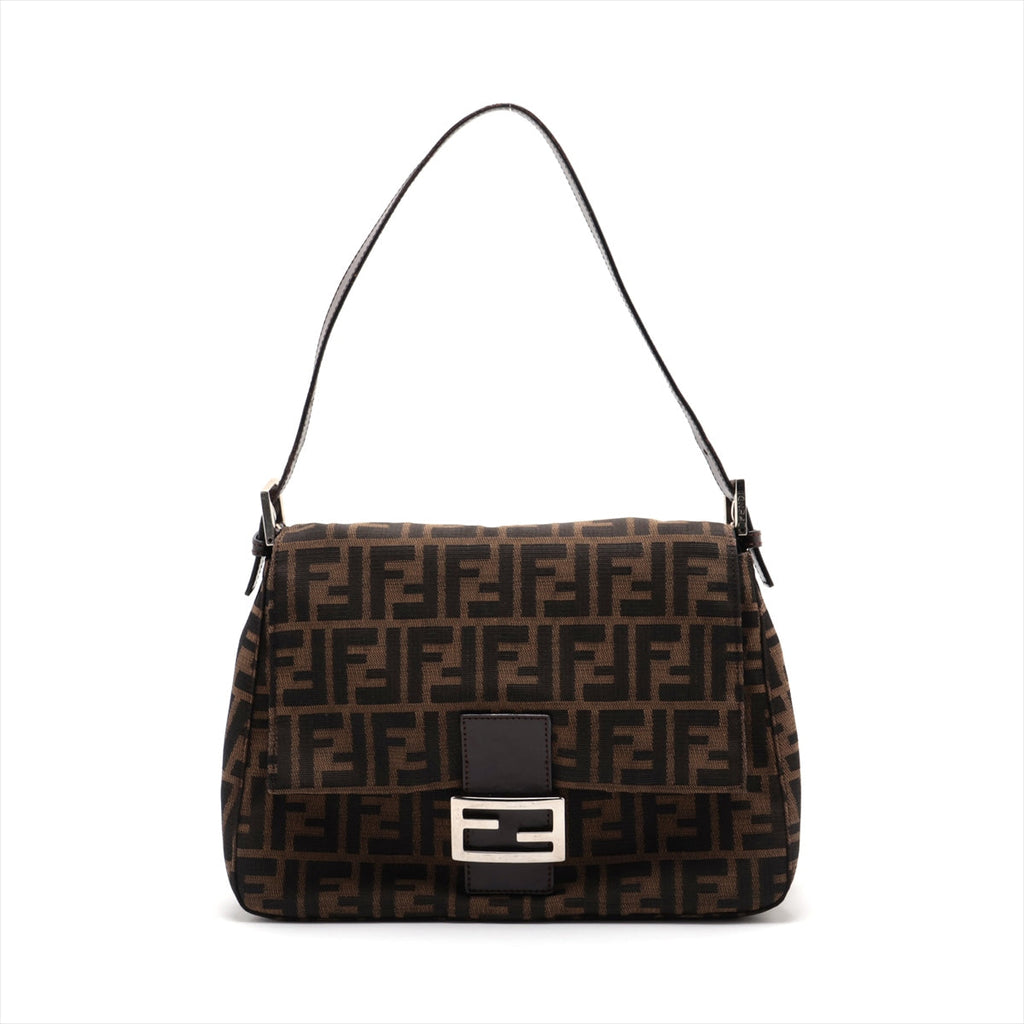 Fendi Zucca Mammaket Canvas  Leather Shoulder Bag Brown Fence