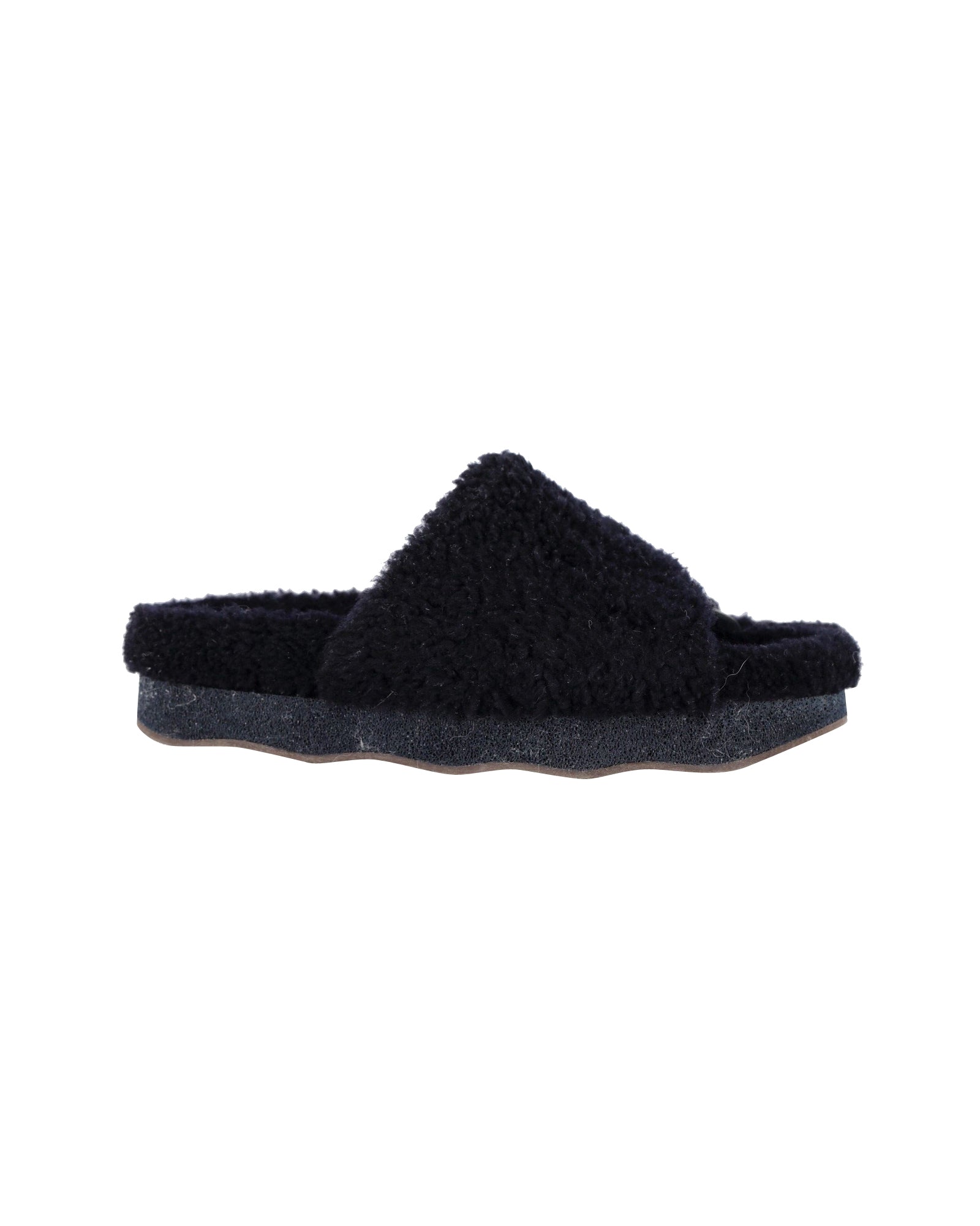 Chloe Wavy Slides in Black Shearling and Leather