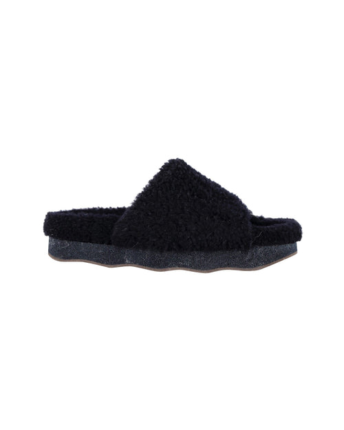Chloe Wavy Slides in Black Shearling and Leather
