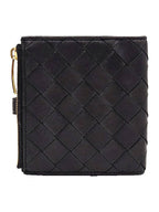 Bottega Veneta Bottega Veneta 600270 Black Intrecciato Folder Zipper Half Wallet