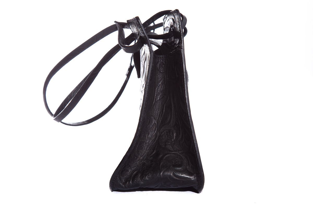 Fendi Vintage Black Leather Embossed Flower Handle Bag