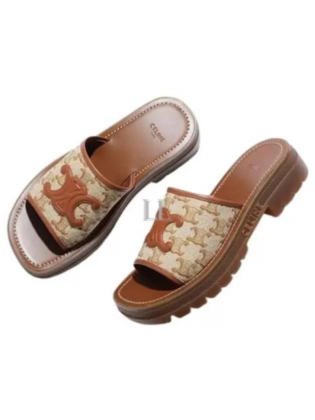 CELINE Clea Triomphe Canvas Calfskin Slipper Brown Beige