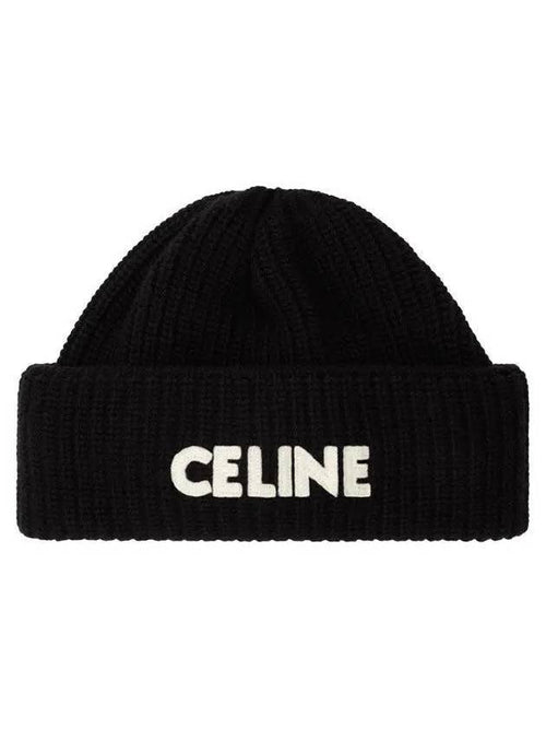 CELINE Logo Ribbed Wool Beanie Black