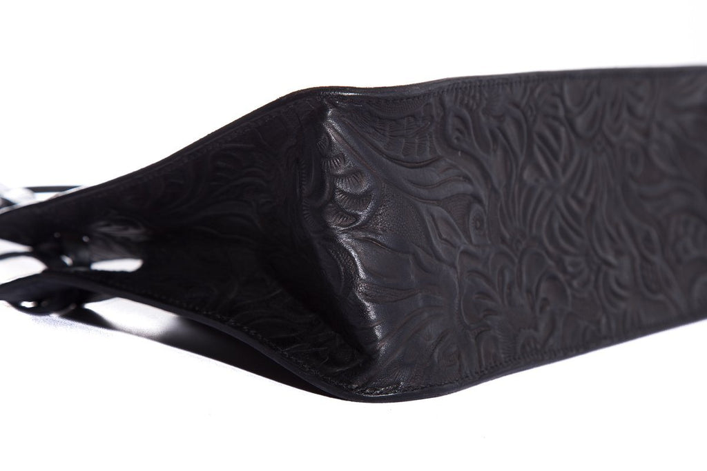 Fendi Vintage Black Leather Embossed Flower Handle Bag