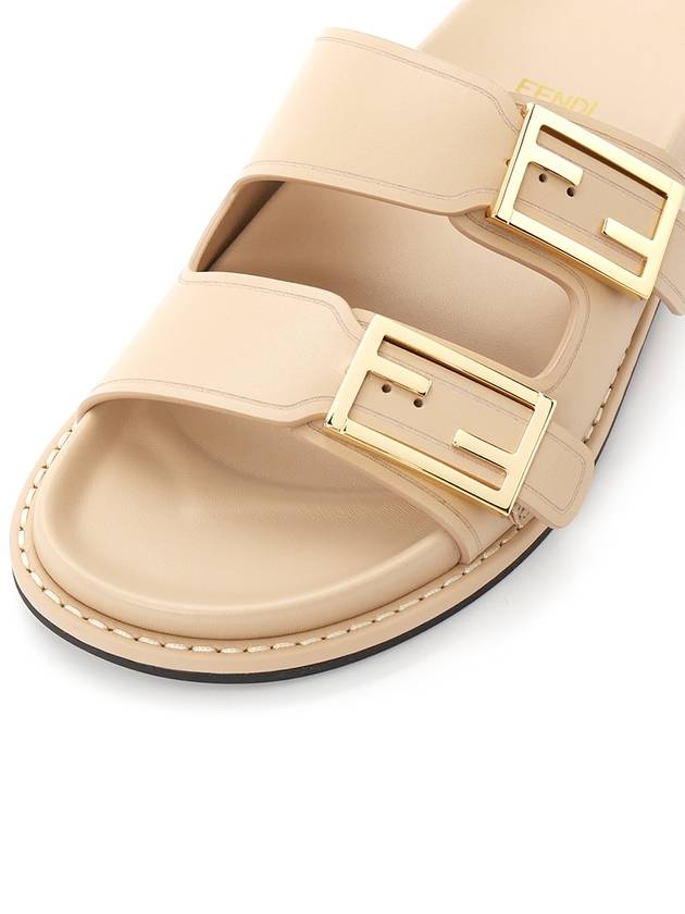Fendi Women's FF Leather Fill Flat Sandals Slippers Beige