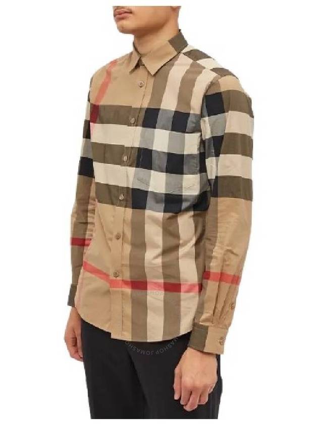 Burberry Check Stretch Cotton Poplin Long Sleeve Shirt Beige