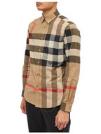 Burberry Check Stretch Cotton Poplin Long Sleeve Shirt Beige