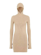 Fendi Long Sleeve Hooded Wool Silk Short Dress Beige
