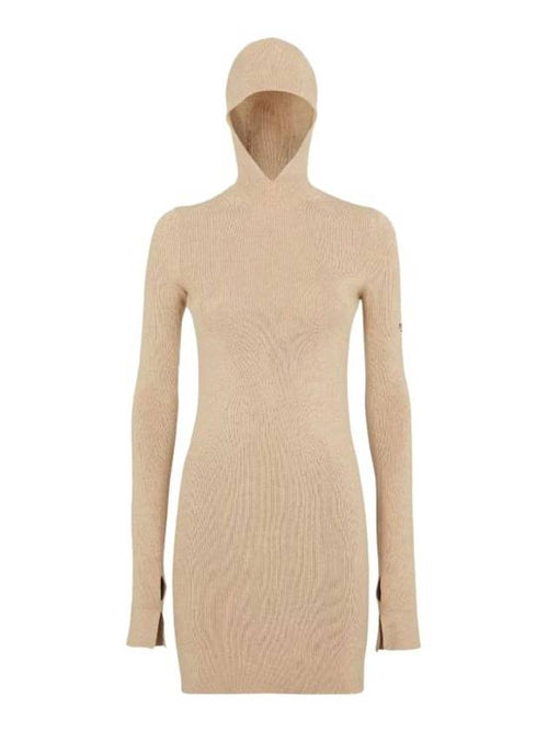 Fendi Long Sleeve Hooded Wool Silk Short Dress Beige
