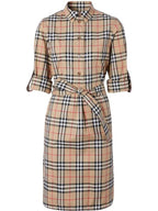 Burberry Vintage Check Stretch Cotton Tie-Waist Shirt Dress Beige