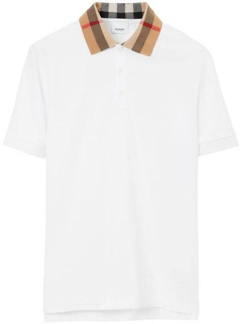 Burberry Men's Check Collar Cotton Polo Shirt White