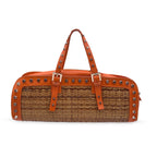 FENDI Wicker And Orange Leather Studded Tote Handbag Satchel
