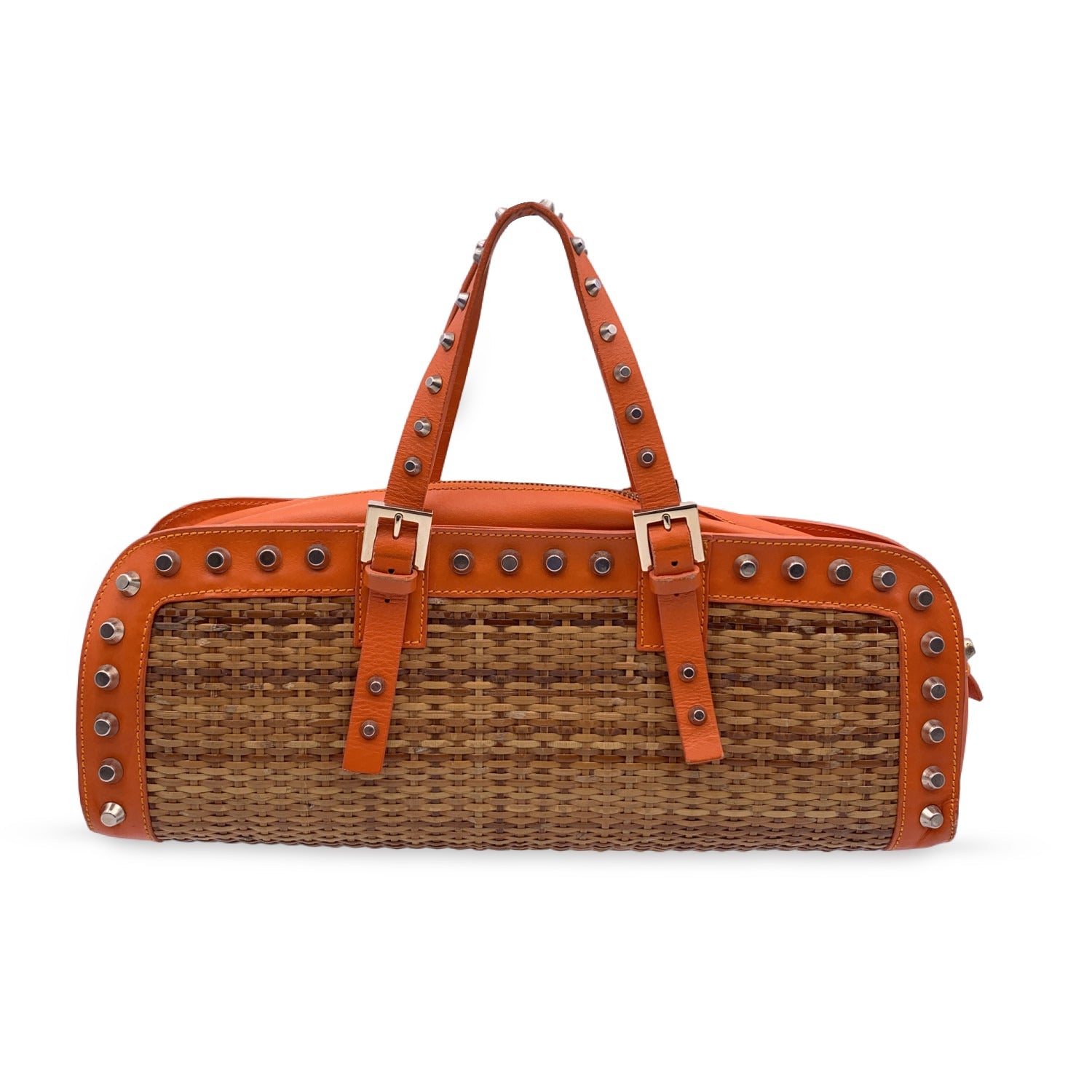 FENDI Wicker And Orange Leather Studded Tote Handbag Satchel