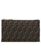 Fendi Flat Baguette Medium FF Jacquard Fabric Pouch Bag Brown