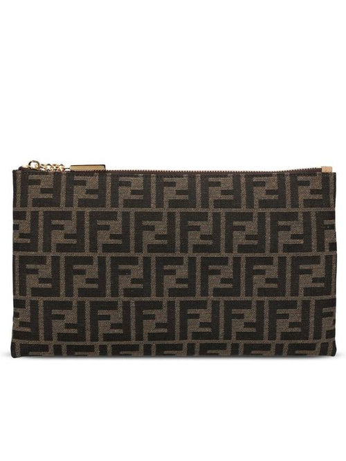 Fendi Flat Baguette Medium FF Jacquard Fabric Pouch Bag Brown