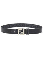 Fendi FF Square Buckle Reversible Leather Canvas Belt Black