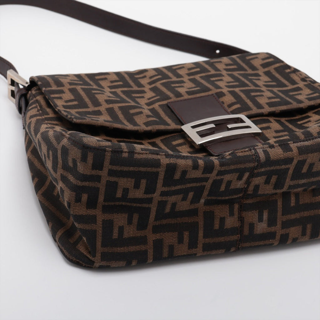 Fendi Zucca Mammaket Canvas  Leather Shoulder Bag Brown Fence