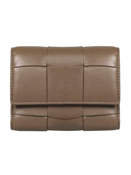 Bottega Veneta Cassette Tri-Fold Zipper Half Wallet Taupe Grey