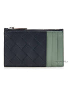Bottega Veneta Intrecciato Zippered Leather Card Wallet Black Green