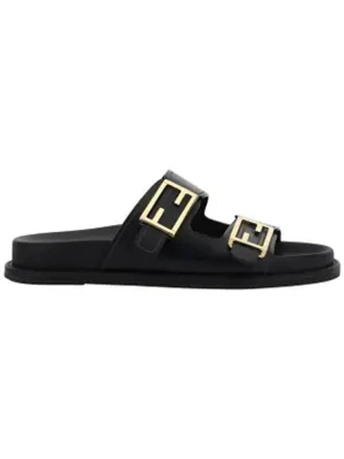 Fendi Women's FF Leather Fill Flat Sandals Slippers Black