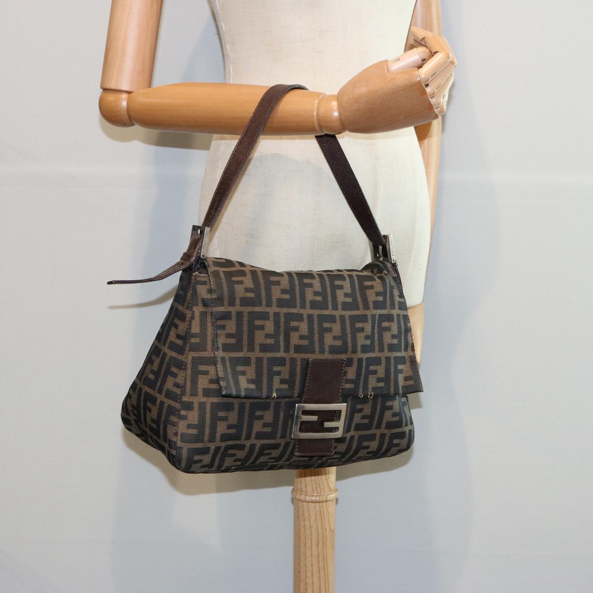 FENDI Zucca Canvas Mamma Baguette Shoulder Bag Black Brown60535